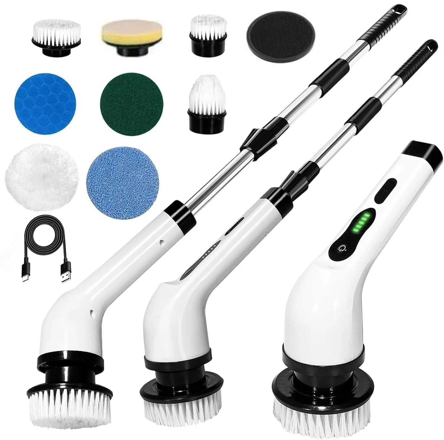 Electric Spin Scrubber, Cleaning Brush Scrubber for Home, 300RPM/Min, 9 Replaceable Brush Heads, 90 Min Work Time, 3 Adjustable Size, 2 Adjustable Speeds, for Bathroom, Floor Tiles (Pure White)